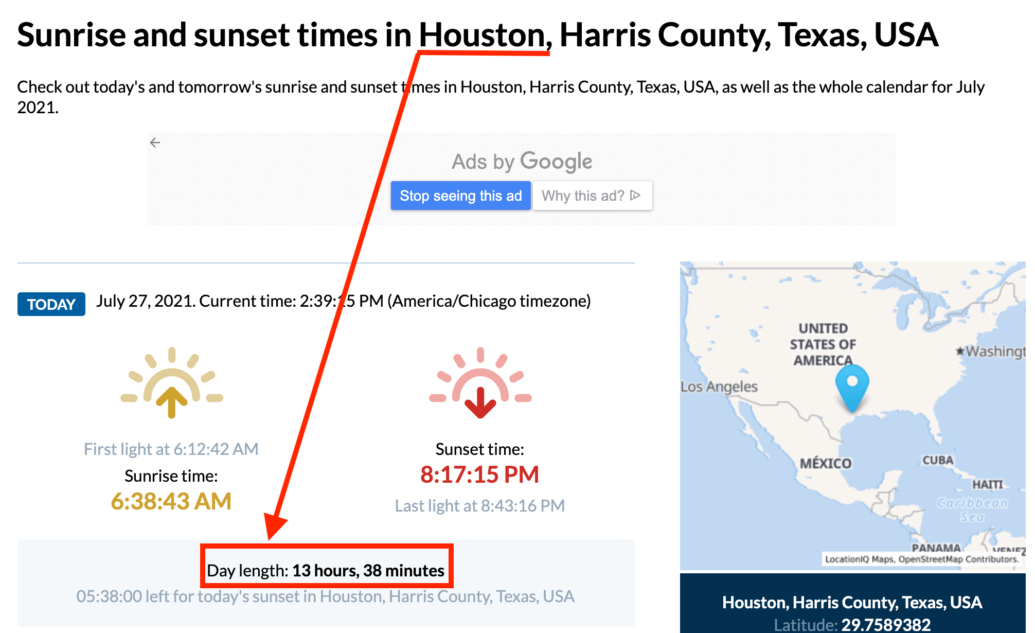 houston day length sunrise and sunset