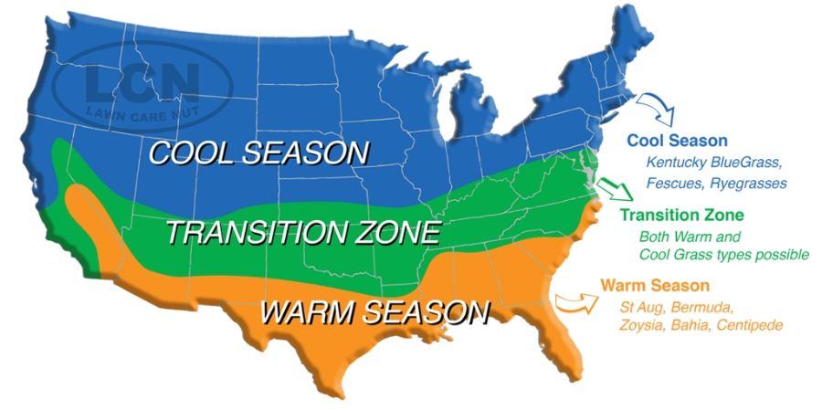 A map showing lawn grass type by region in a map of the USA.