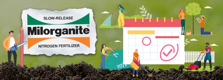 Milorganite 36lb Bag in dirt and grass. Milorganite Fertilizer Rate and Schedule