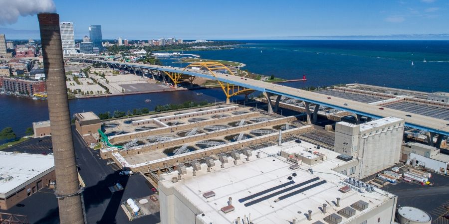 drone image of jones island wastewater treatment plant